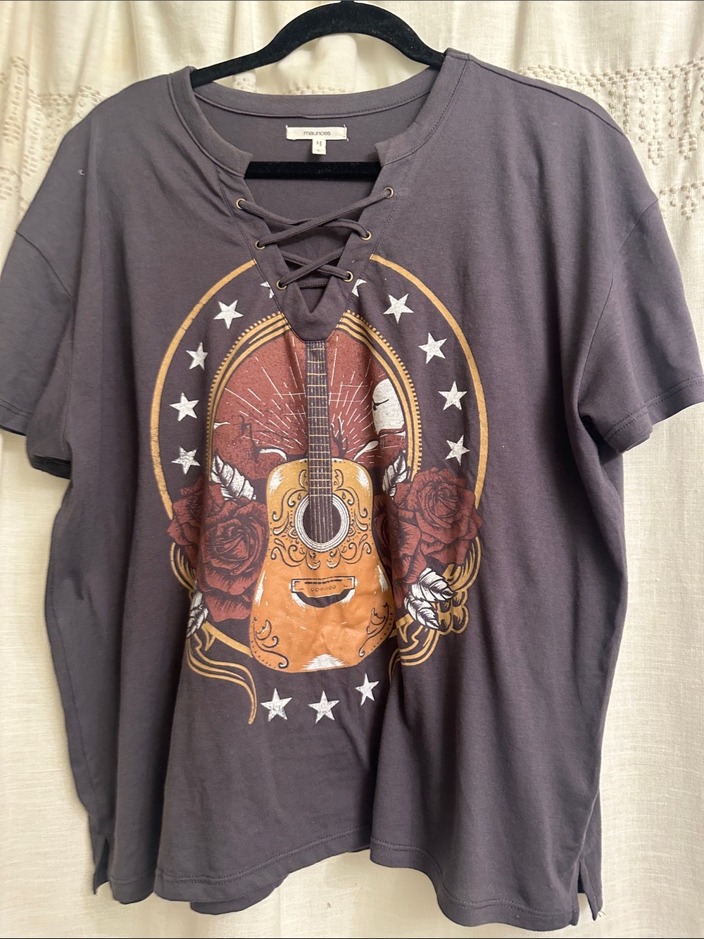 Maurices Charcoal Lace-Up Graphic Guitar Tee with Red Roses